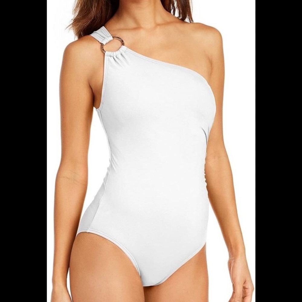 Michael Kors White One-Shoulder Ring-Accent One-Piece Swimsuit